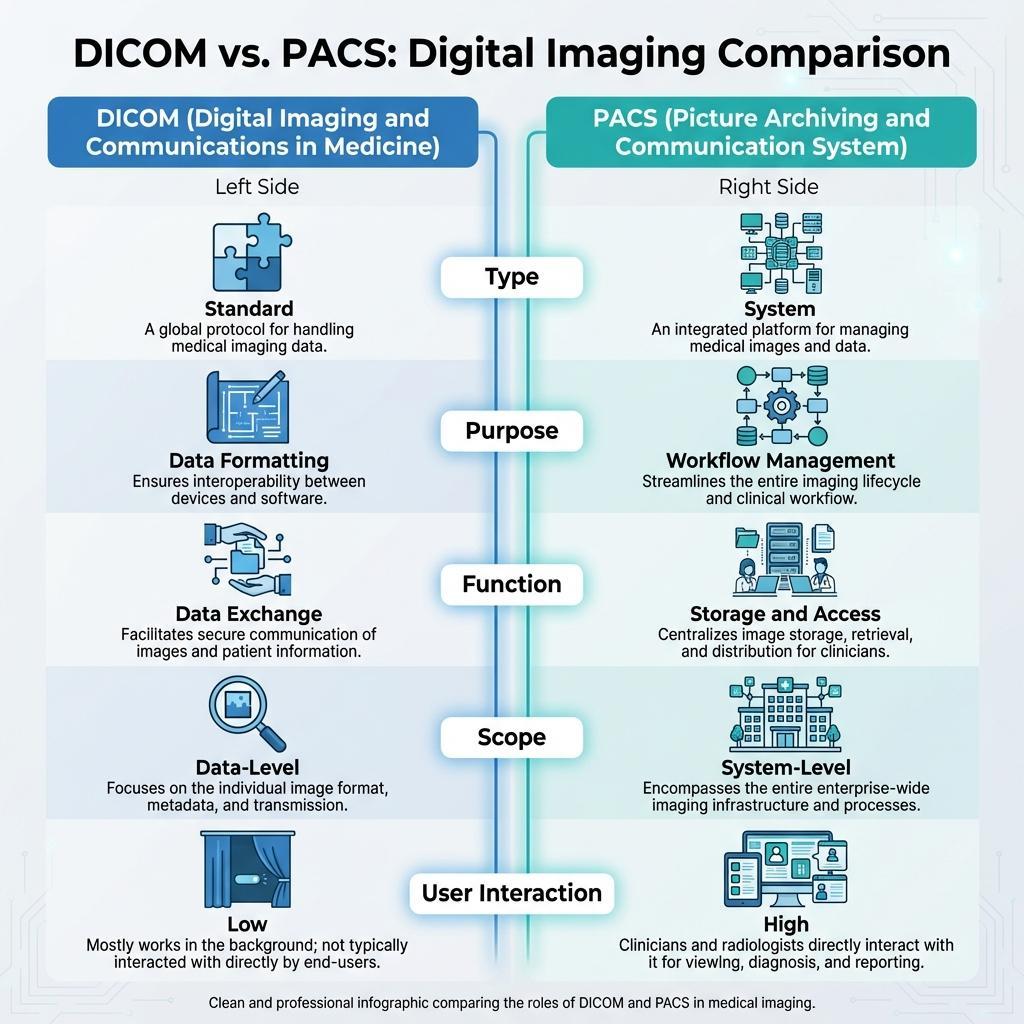 DICOM vs. PACS Vergleichsinfografik, die Unterschiede zwischen medizinischem Bildgebungsstandard und System zeigt